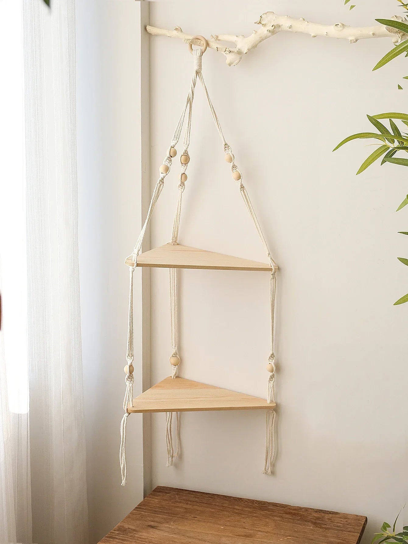 DecorBites™ Wooden Corner Shelf with Macrame - Boho Wall Decor