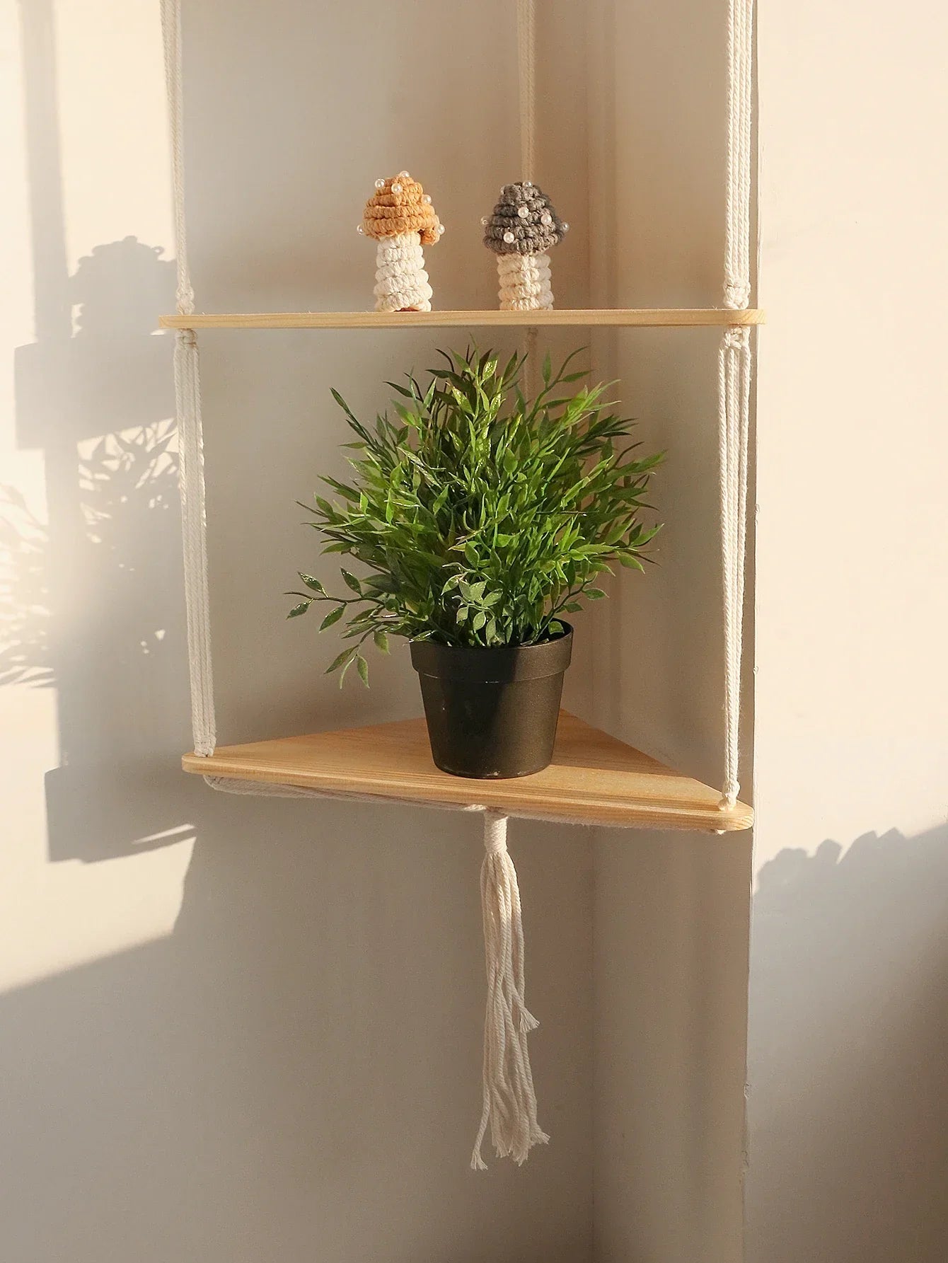 DecorBites™ Wooden Corner Shelf with Macrame - Boho Wall Decor