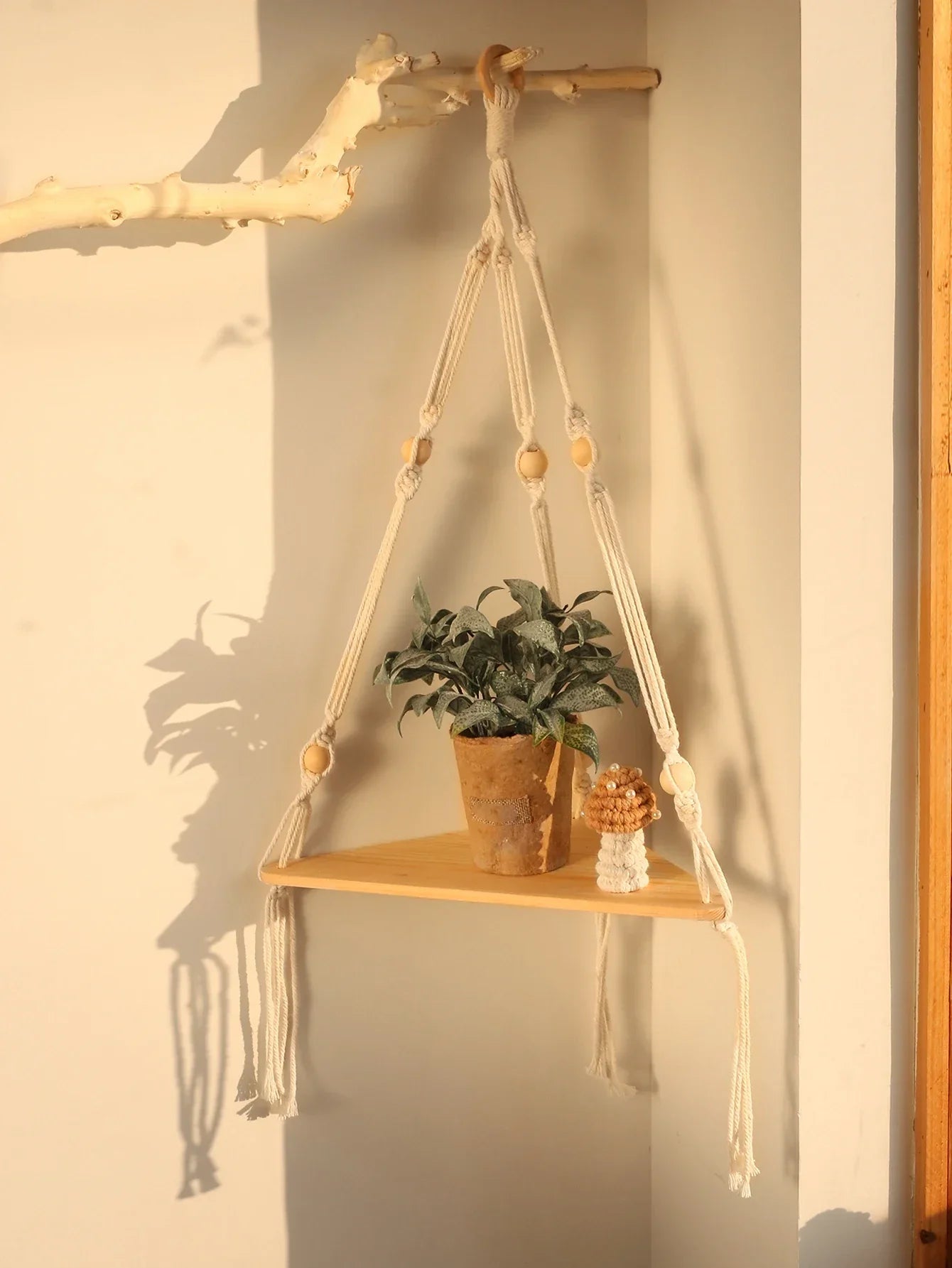 DecorBites™ Wooden Corner Shelf with Macrame - Boho Wall Decor