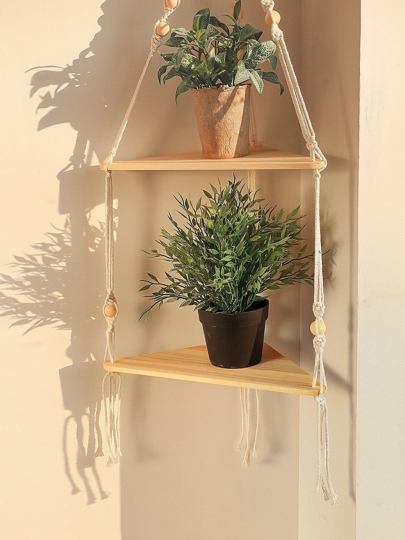 DecorBites™ Wooden Corner Shelf with Macrame - Boho Wall Decor
