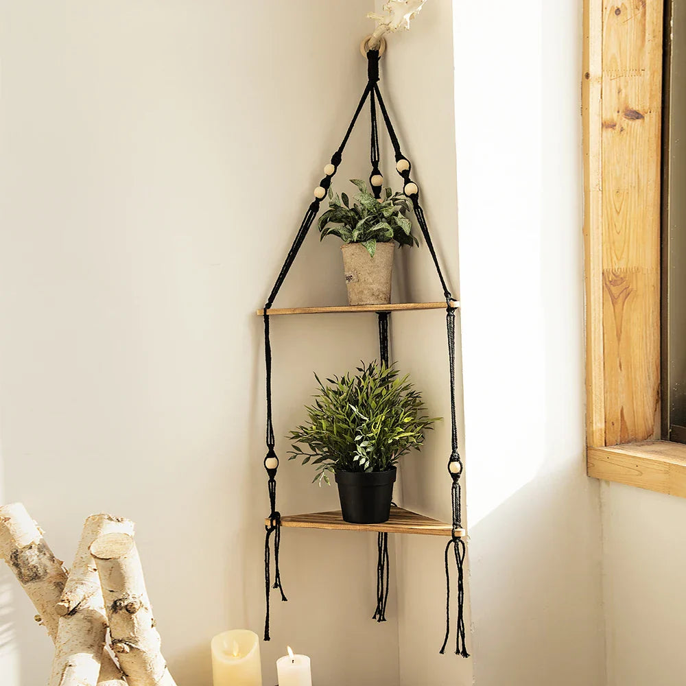 DecorBites™ Wooden Corner Shelf with Macrame - Boho Wall Decor