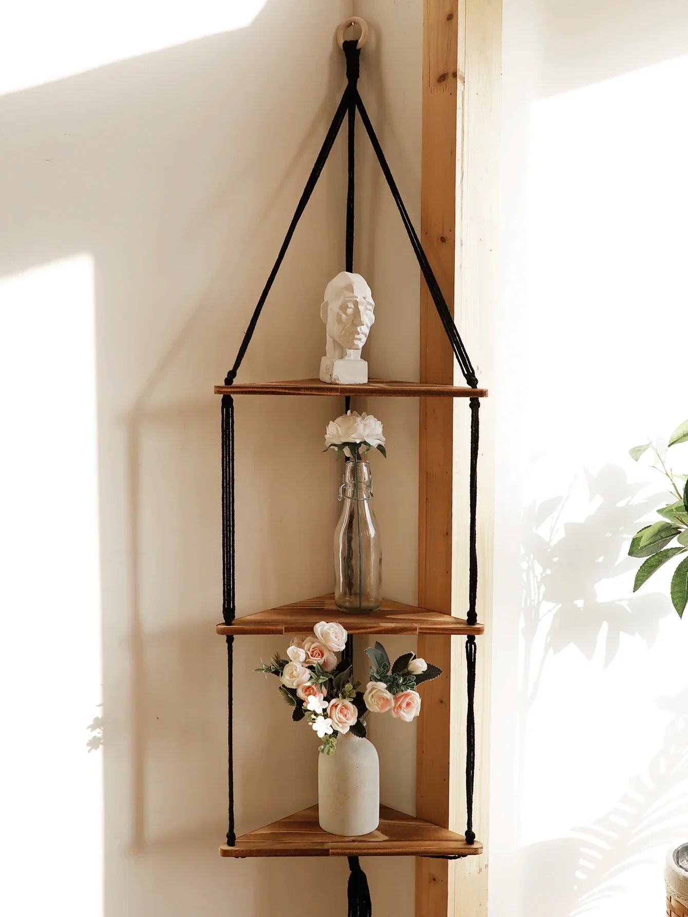 DecorBites™ Wooden Corner Shelf with Macrame - Boho Wall Decor