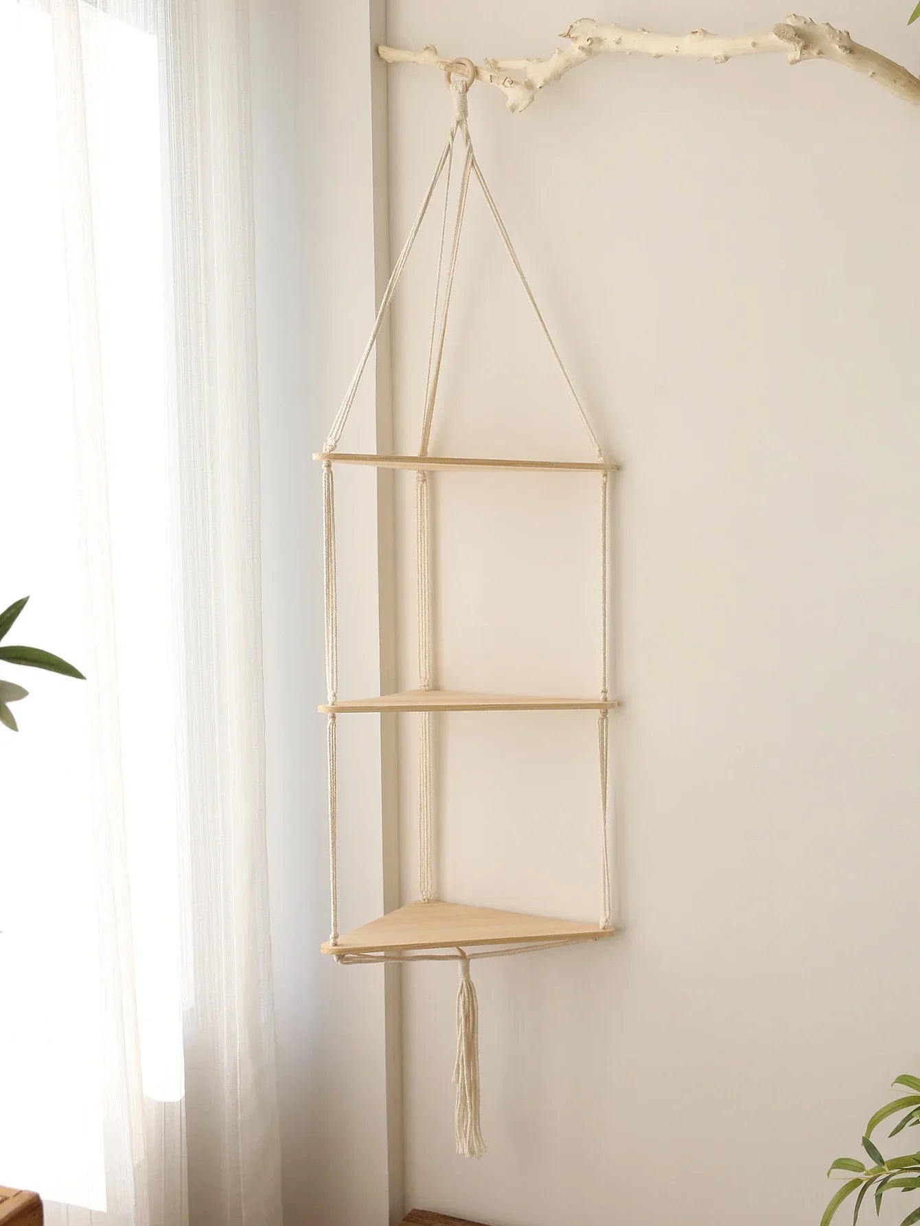 DecorBites™ Wooden Corner Shelf with Macrame - Boho Wall Decor