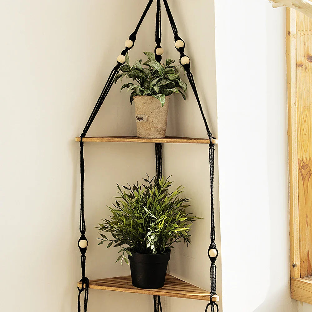 DecorBites™ Wooden Corner Shelf with Macrame - Boho Wall Decor