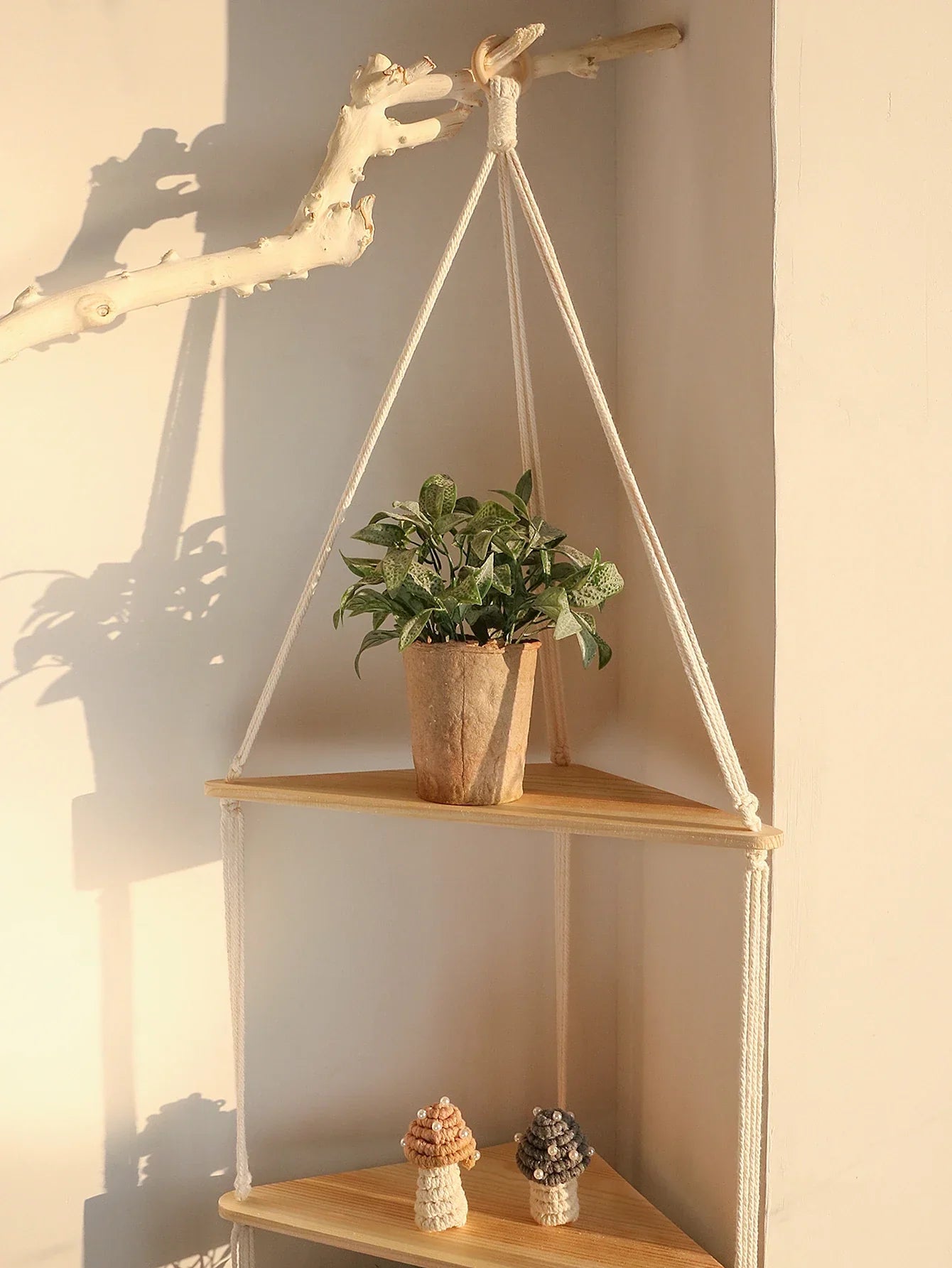 DecorBites™ Wooden Corner Shelf with Macrame - Boho Wall Decor