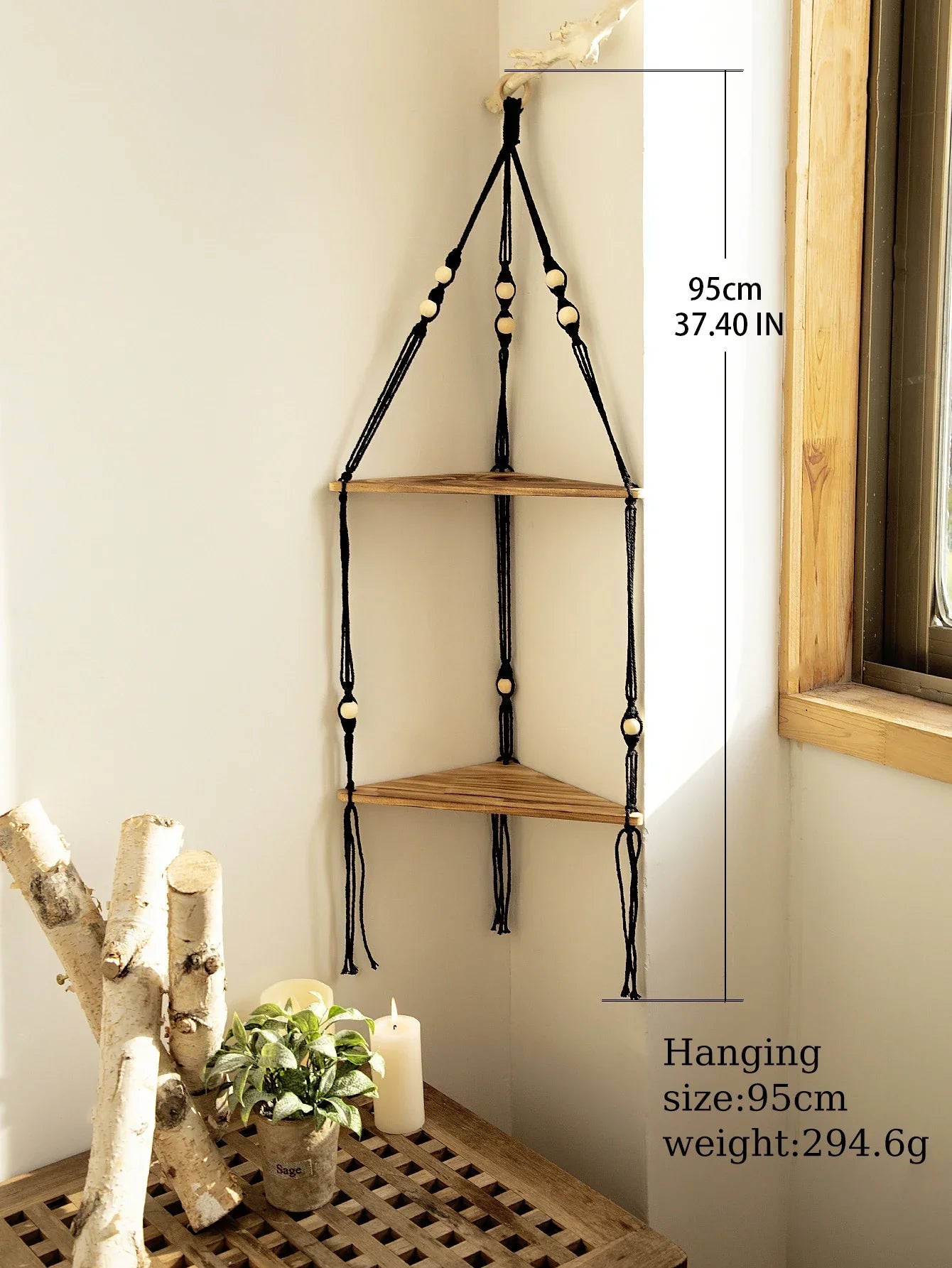 DecorBites™ Wooden Corner Shelf with Macrame - Boho Wall Decor