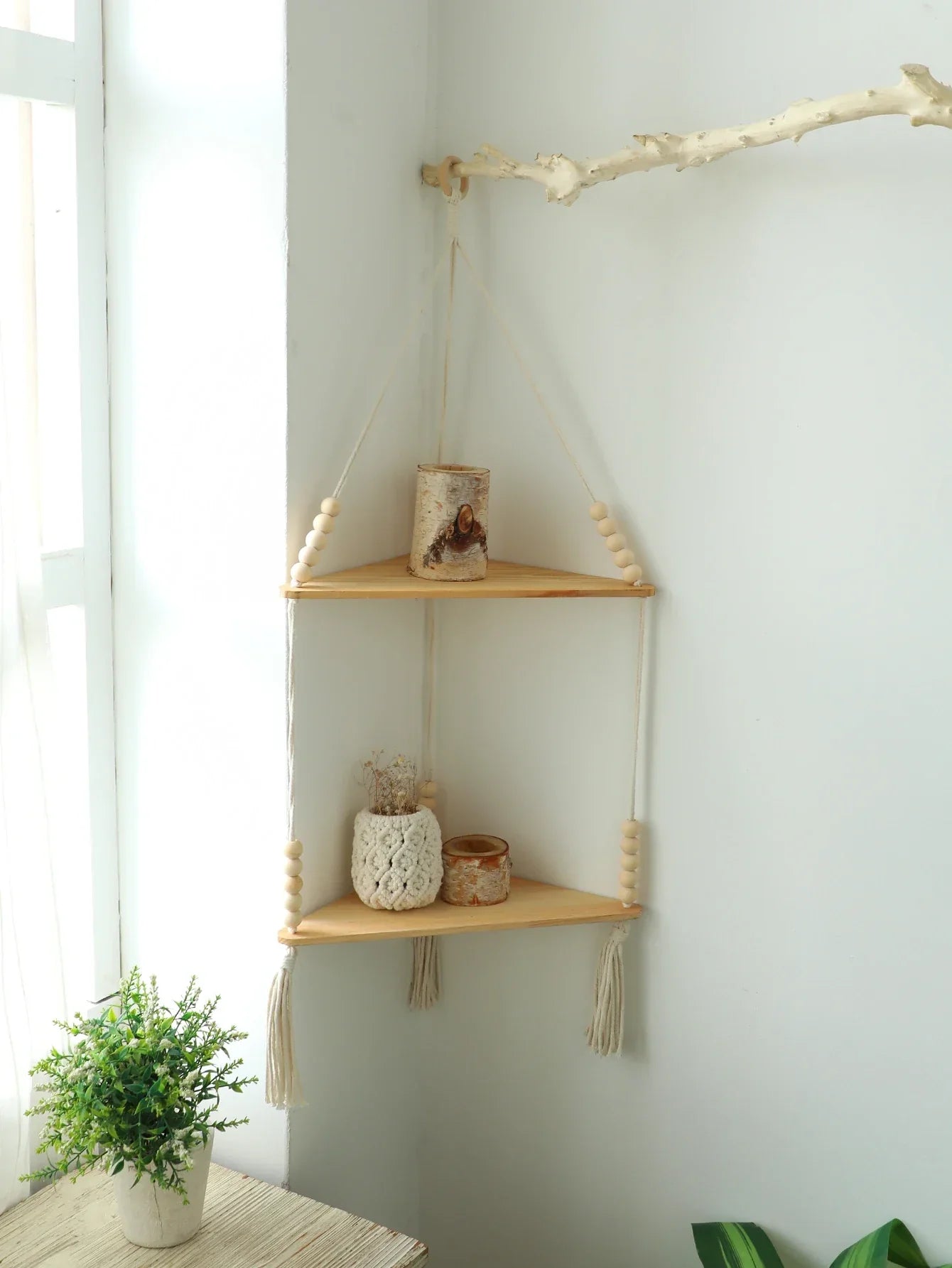 DecorBites™ Wooden Corner Shelf with Macrame - Boho Wall Decor