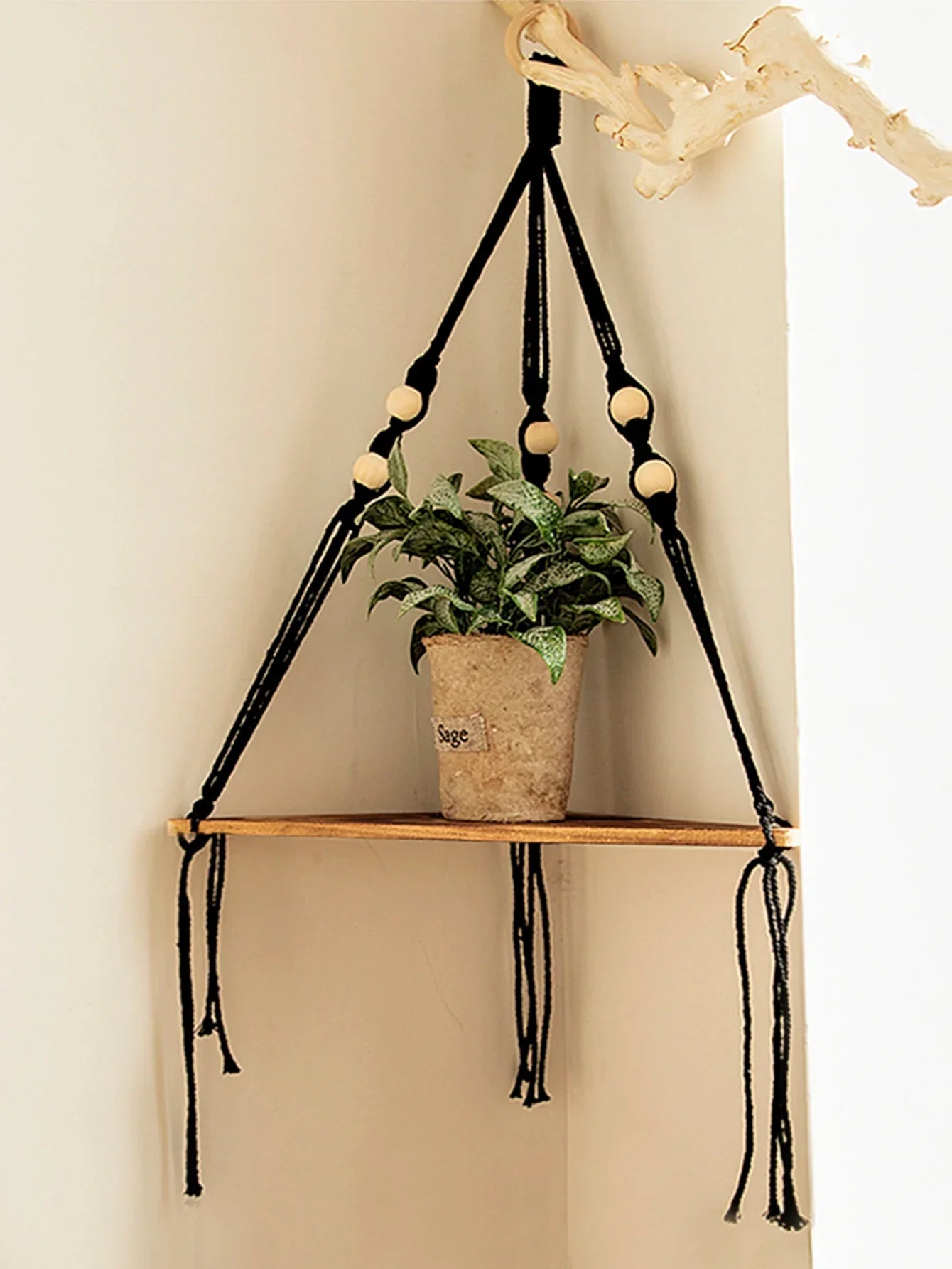 DecorBites™ Wooden Corner Shelf with Macrame - Boho Wall Decor