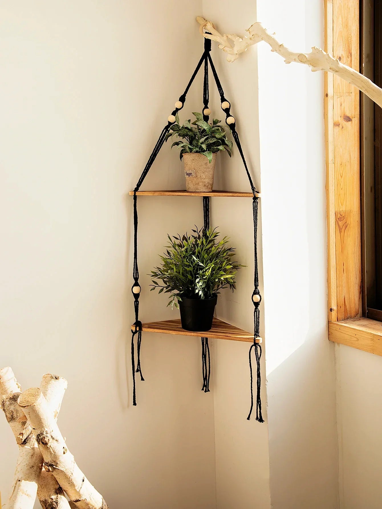 DecorBites™ Wooden Corner Shelf with Macrame - Boho Wall Decor