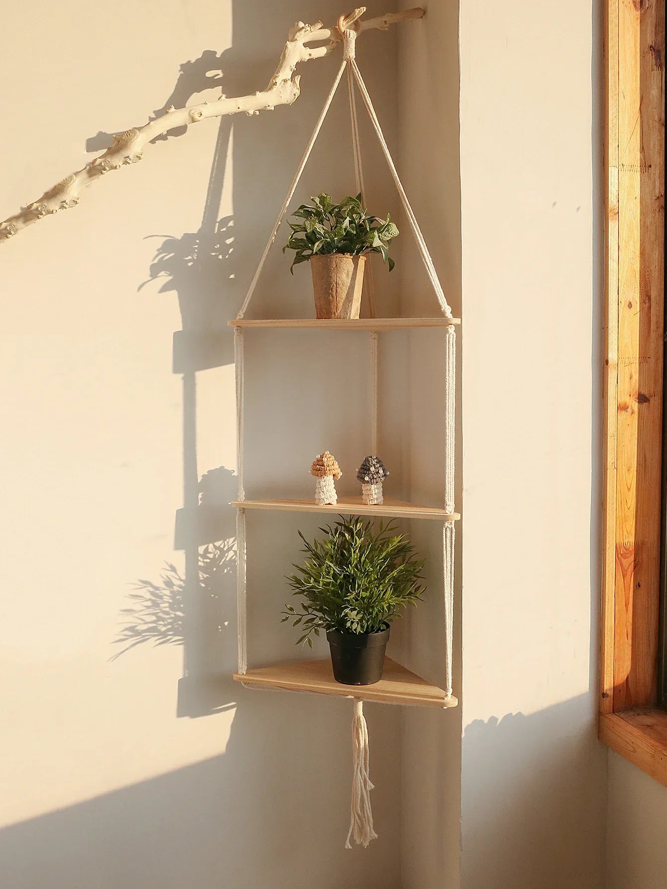 DecorBites™ Wooden Corner Shelf with Macrame - Boho Wall Decor