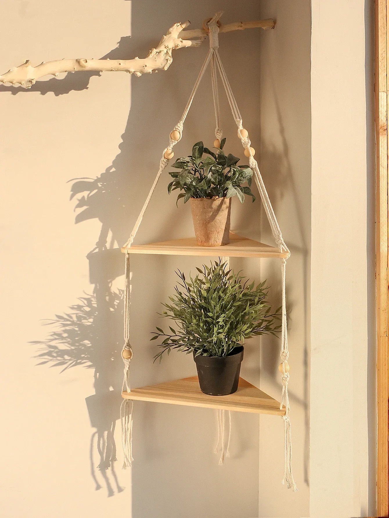 DecorBites™ Wooden Corner Shelf with Macrame - Boho Wall Decor
